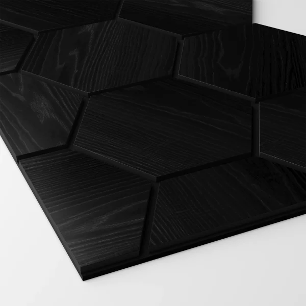 Ribbon-Hexagon Black Diamond Ash start panel with black acoustic felt with dimensions